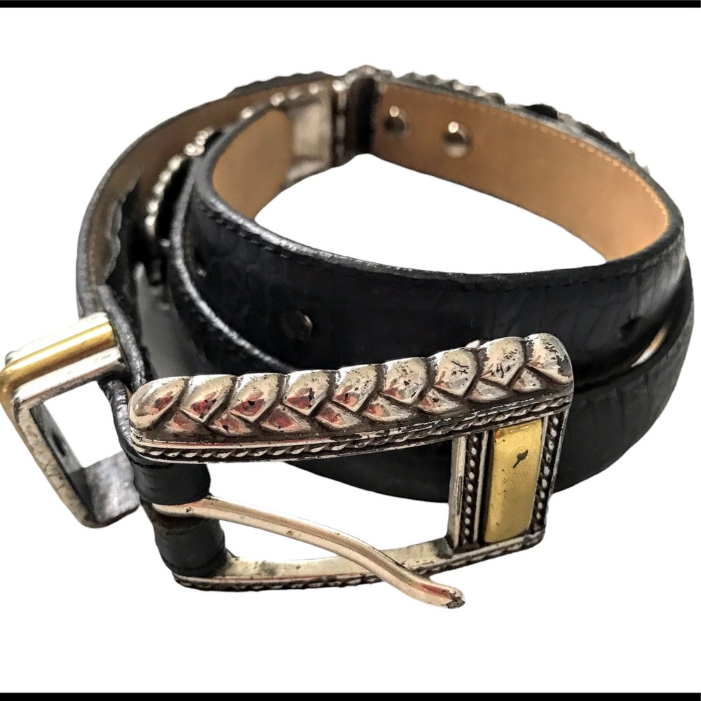 BRIGHTON Concho Belt Western Gold & Silver Metal Hardware Black Leather Small